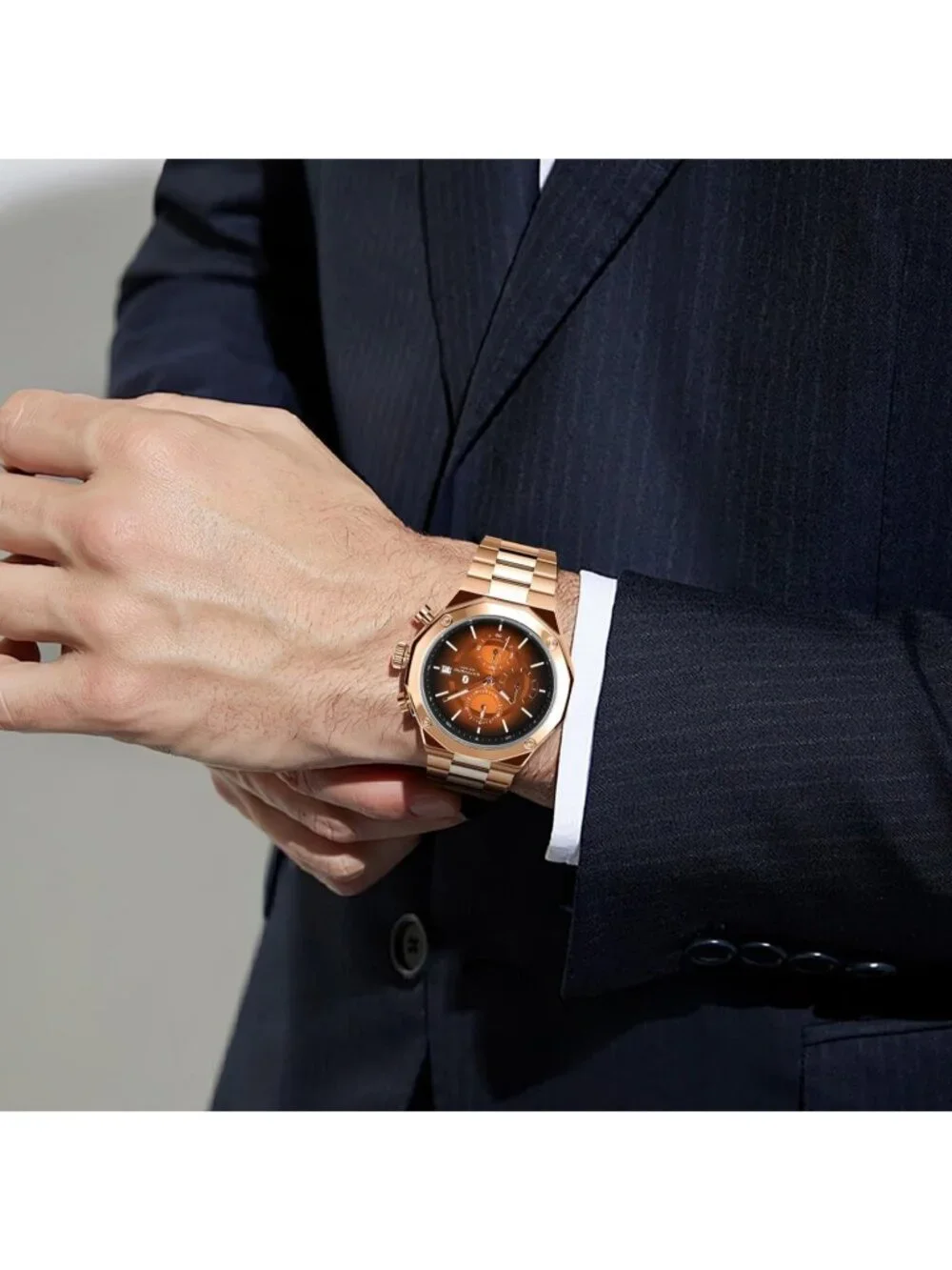 Men's Gold Brown Quartz Chronograph Stainless Steel Waterproof Wrist Watches